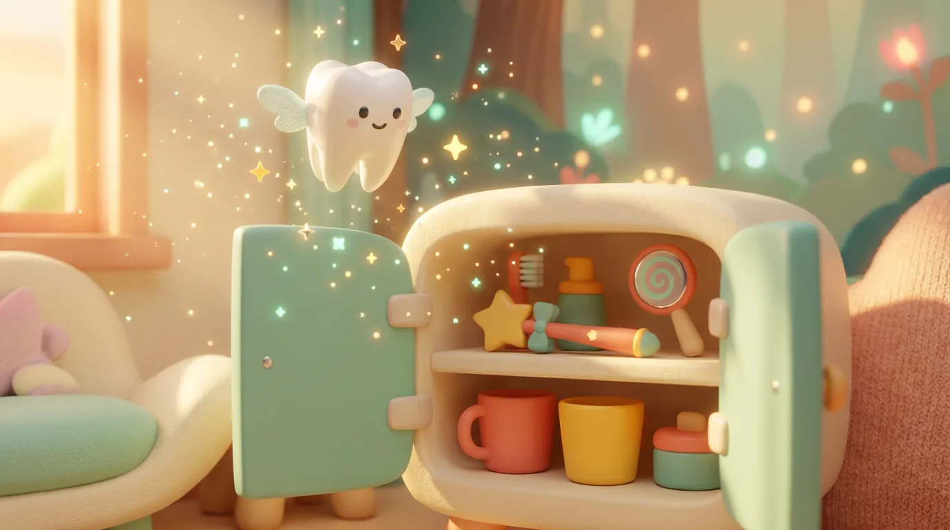 Ilustração: armário aberto com instrumentos odontológicos que parecem brinquedos coloridos